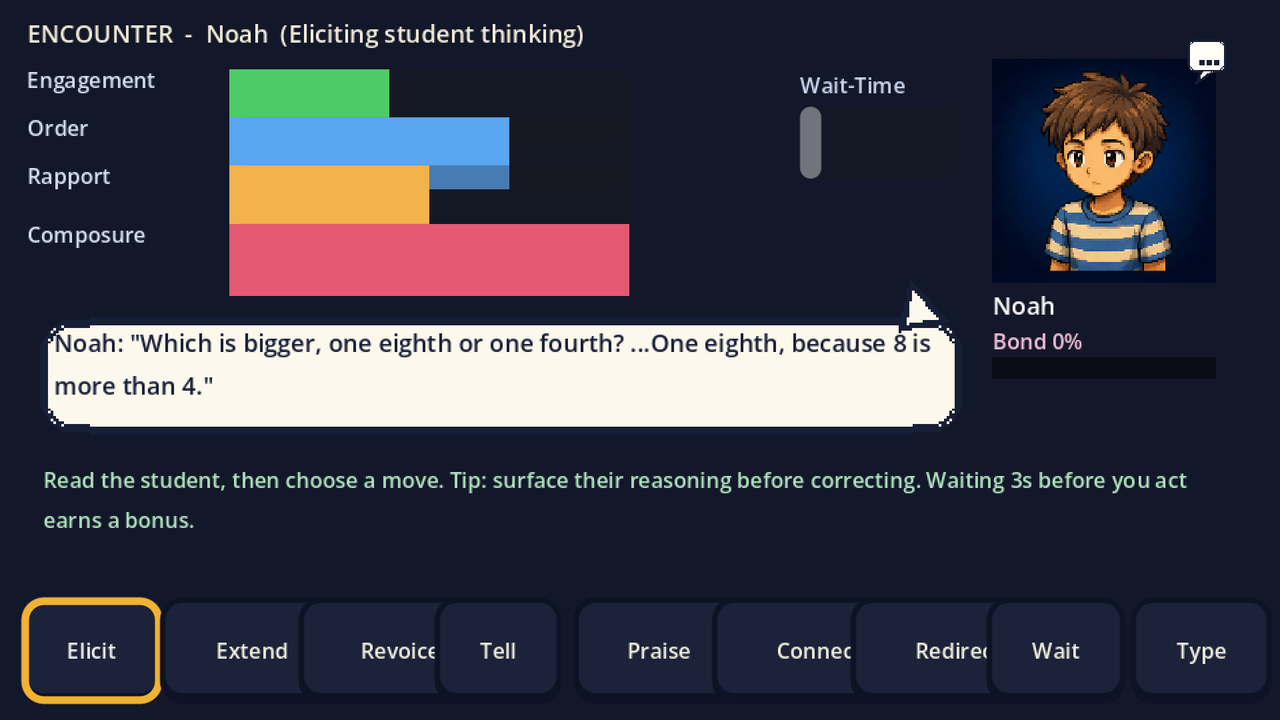 Chalk and Chance encounter screen with a student dialogue and teaching-move choices.