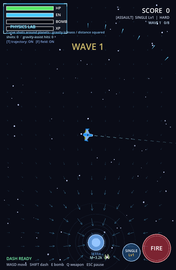 Space Invaders Physics Lab with gravity field overlay and curved shots near planets.
