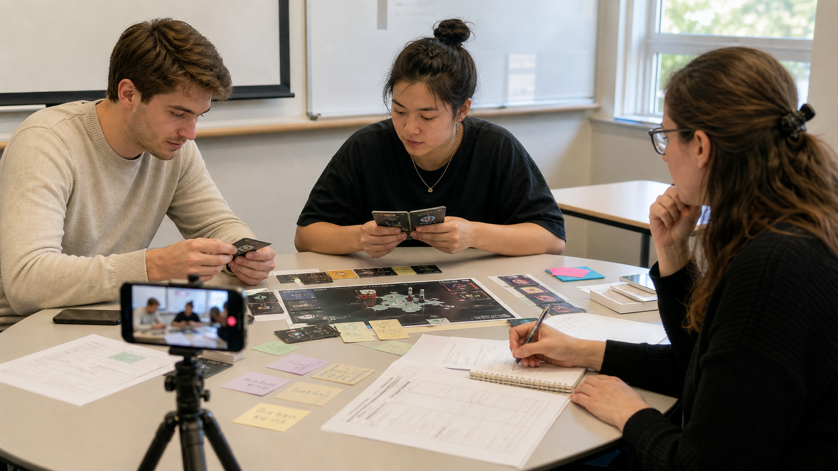 Playtest table with learners, prototype pieces, and a researcher recording the session.