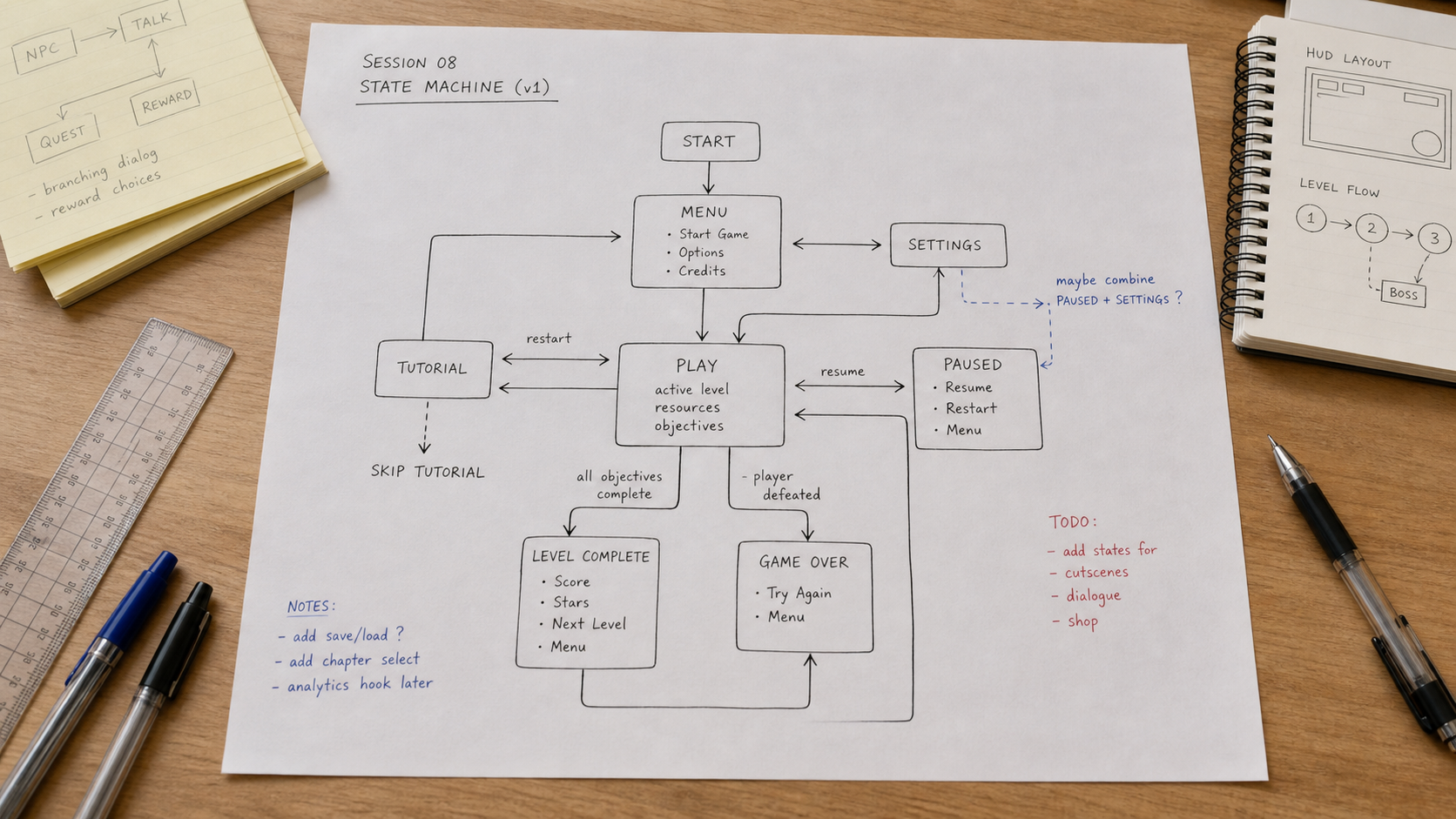 Implementation spec diagram with state machine, event-feedback map, UI to 3D bridge, and data flow.