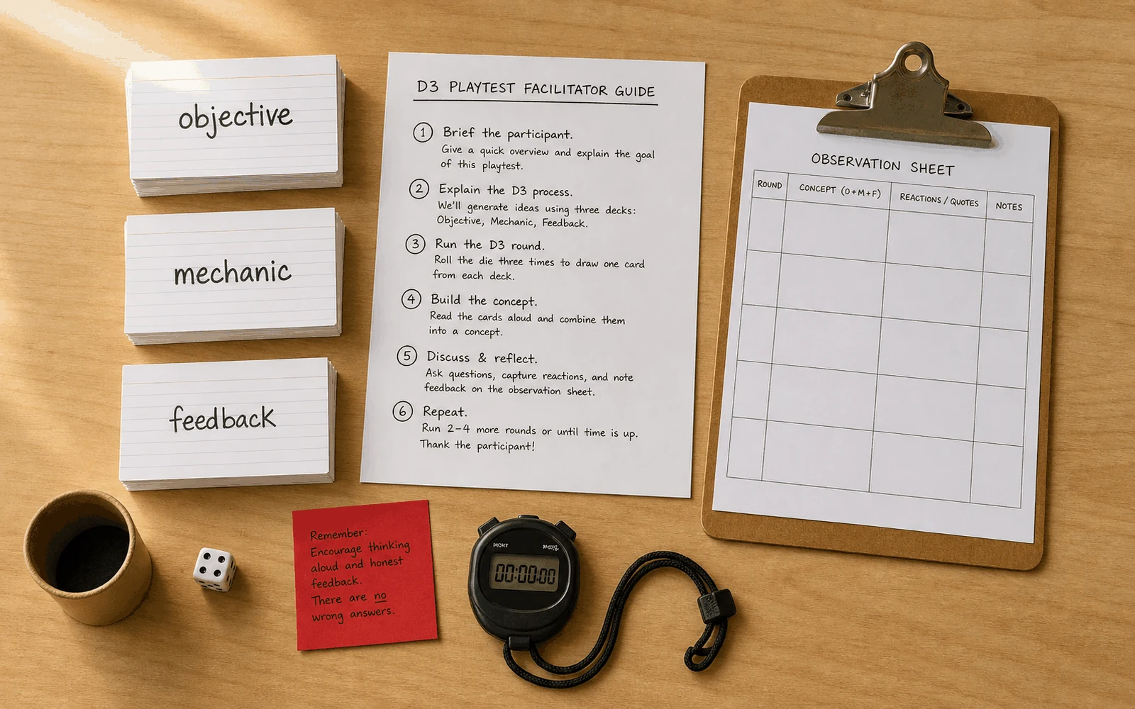 Overhead photograph of a paper prototype staged for facilitation: index cards in three labeled piles, dice cup, facilitator guide, stopwatch, observation clipboard.