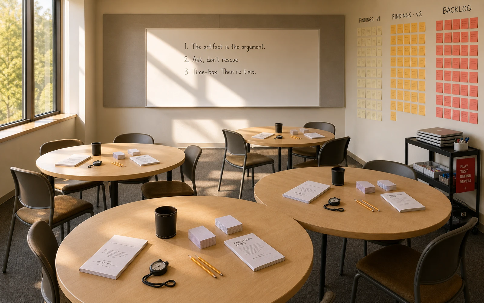Wide environmental photograph of a small university seminar room set up as a design studio: four round tables with paper prototypes, a sticky-note wall labeled findings v1 / v2 / backlog, and a whiteboard at the front with three studio rules.