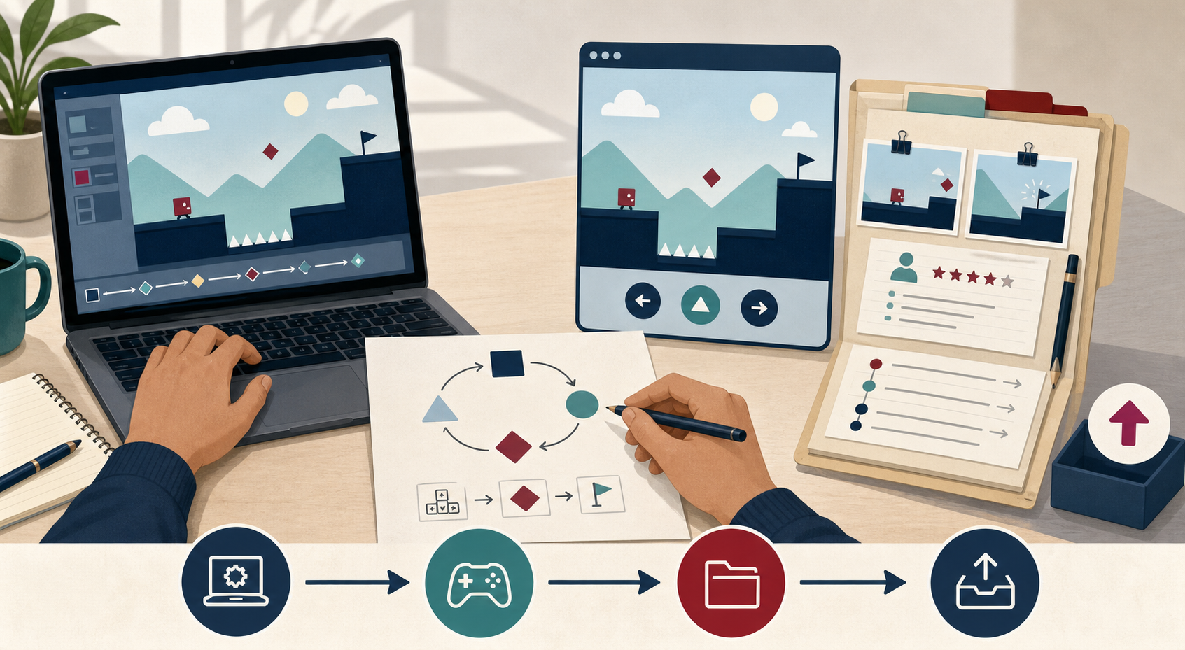 Editorial illustration of a learner moving from a game prototype and loop diagram to playtest evidence and a submitted folder.