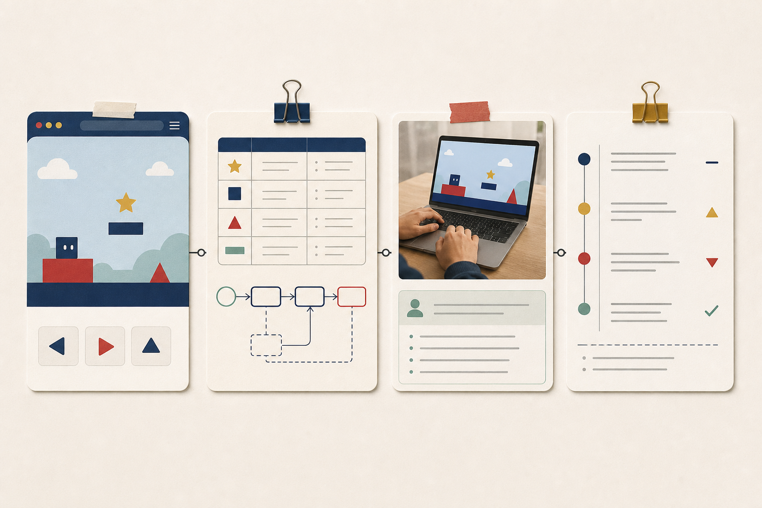 Four-panel visual showing a playable game preview, design crosswalk, playtest observation, and revision record connected in a submission packet.