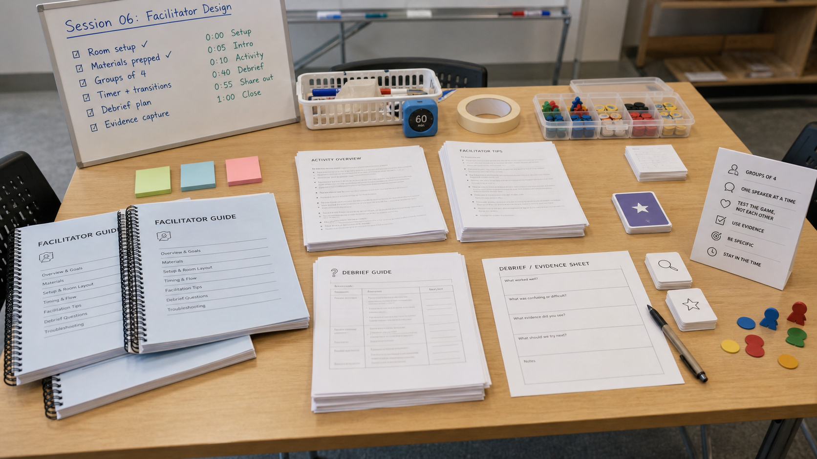 Workshop setup table with facilitator guide, timer, materials bins, sticky notes, and debrief sheet ready for Session 06.