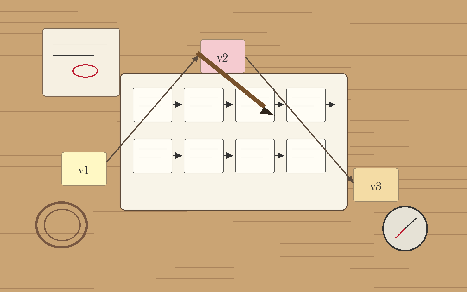 Overhead photograph of a designer's workbench with index cards, three sticky notes labeled v1 / v2 / v3 connected by pencil arrows, a stopwatch, and an open notebook.